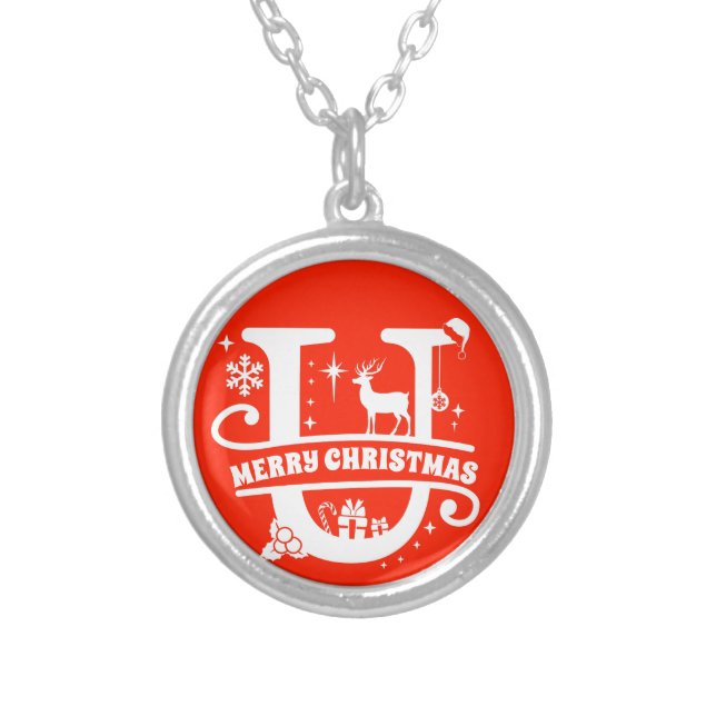 Name / Greeting Monogram Initial U Christmas Red Silver Plated Necklace (Front)