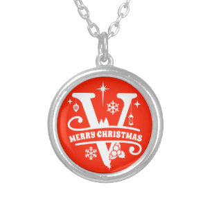 Name / Greeting Monogram Initial V Christmas Red Silver Plated Necklace