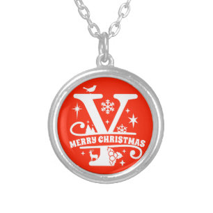 Name / Greeting Monogram Initial Y Christmas Red Silver Plated Necklace