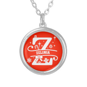 Name / Greeting Monogram Initial Z Christmas Red   Silver Plated Necklace