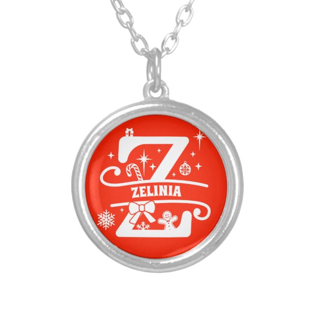 Name / Greeting Monogram Initial Z Christmas Red   Silver Plated Necklace (Front)
