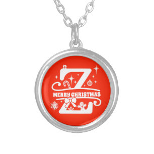 Name / Greeting Monogram Initial Z Christmas Red   Silver Plated Necklace