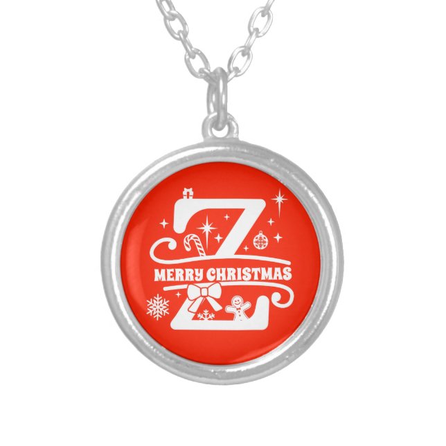 Name / Greeting Monogram Initial Z Christmas Red   Silver Plated Necklace (Front)