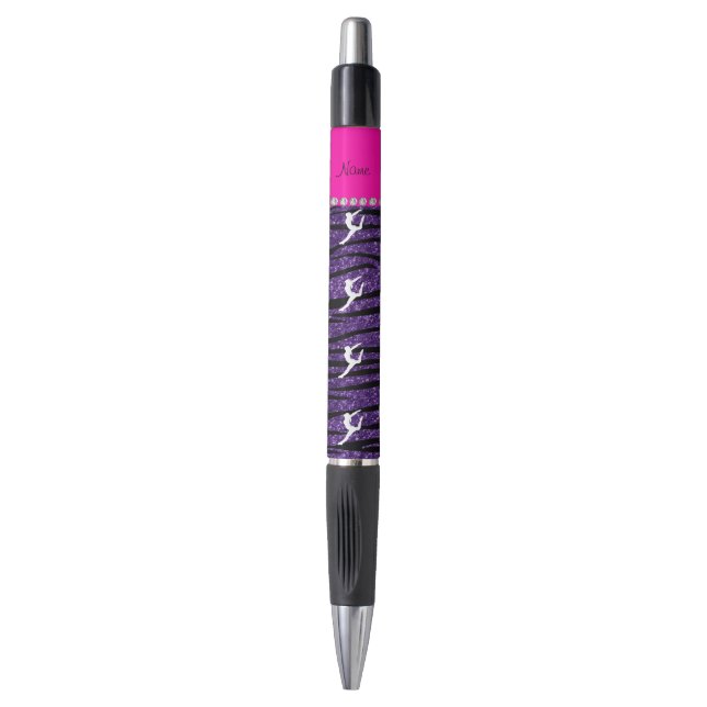 Name gymnast purple glitter zebra stripes pen (Front Vertical)