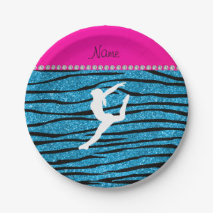Name gymnast sky blue glitter zebra stripes paper plates