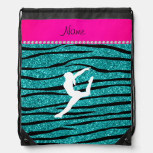 Name gymnast turquoise glitter zebra stripes drawstring bag