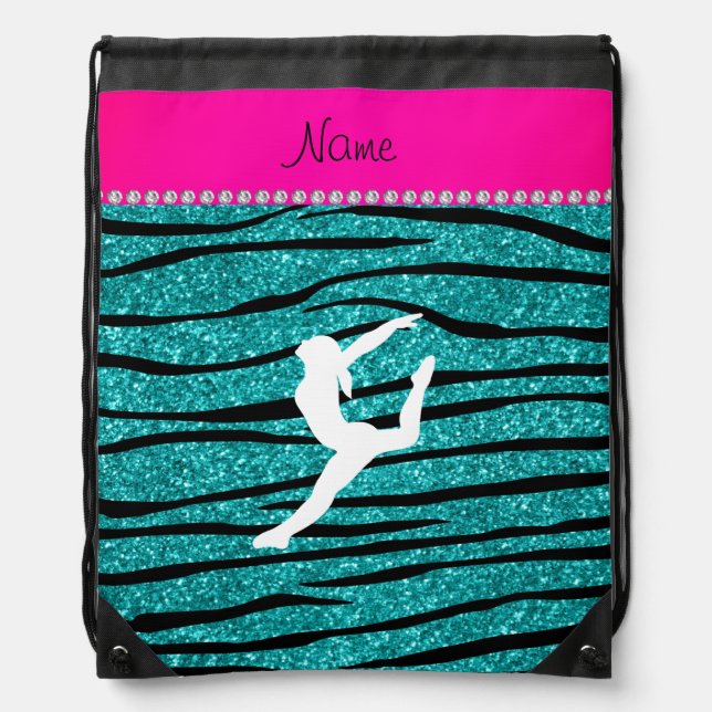 Name gymnast turquoise glitter zebra stripes drawstring bag (Front)