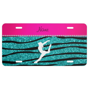 Name gymnast turquoise glitter zebra stripes license plate
