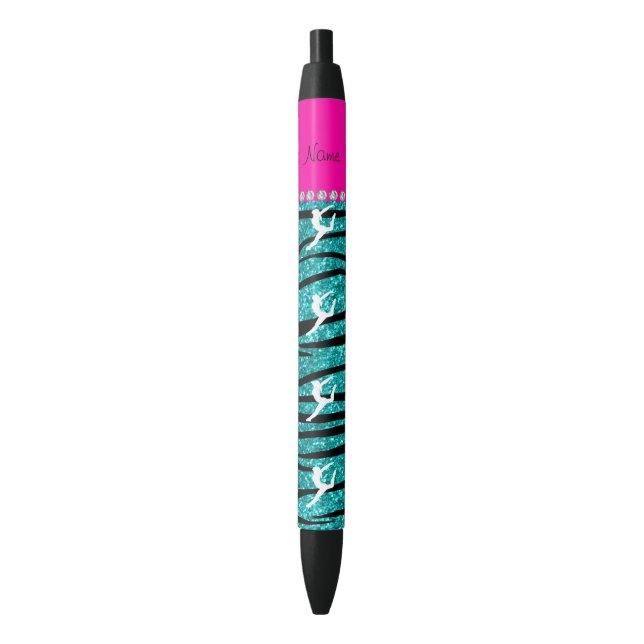Name gymnast turquoise glitter zebra stripes pen (Front Vertical)