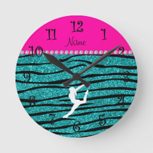 Name gymnast turquoise glitter zebra stripes round clock
