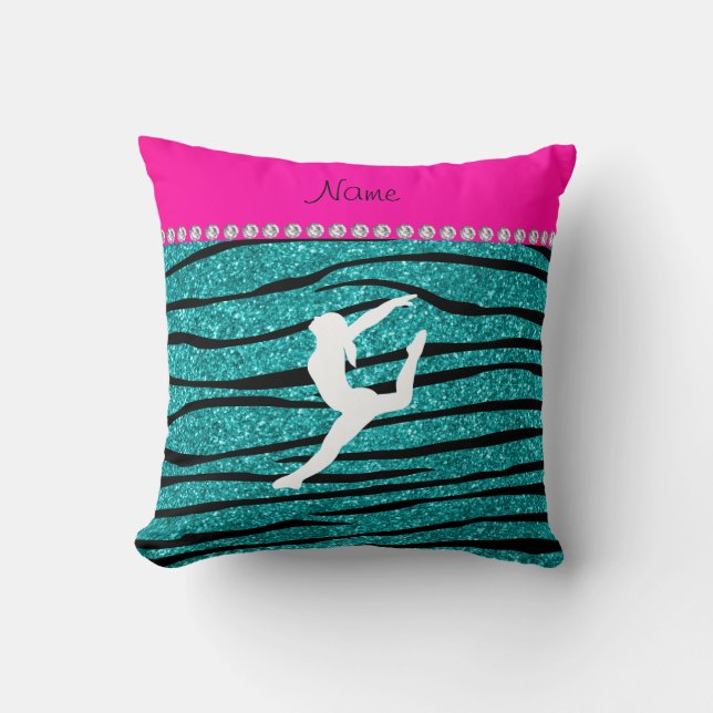 Name gymnast turquoise glitter zebra stripes throw pillow (Front)