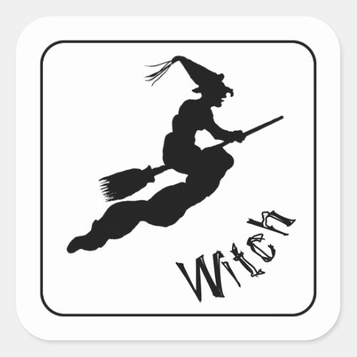 Name  Halloween Witch on Broom Black Silhouette Square Sticker