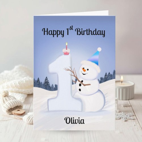 Name Happy 1st Birthday Snowman Building One