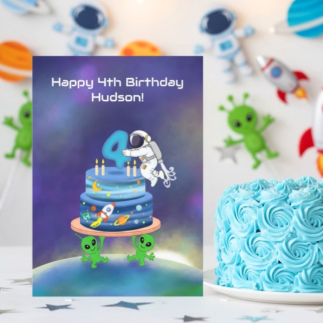 Name Happy 4th Birthday Astronaut with Cake Card (Creator Uploaded)