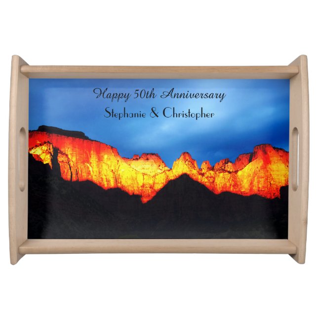 Name, Happy Anniversary Glowing Mountains Serving Tray (Front)