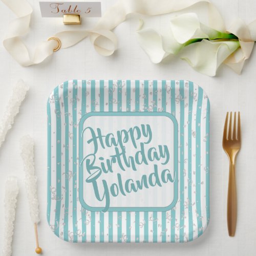 Name Happy Birthday Aqua Simple Stripes Pattern Paper Plates