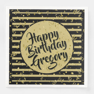 Name Happy Birthday Black/Gold Stripes Pattern Paper Dinner Napkins