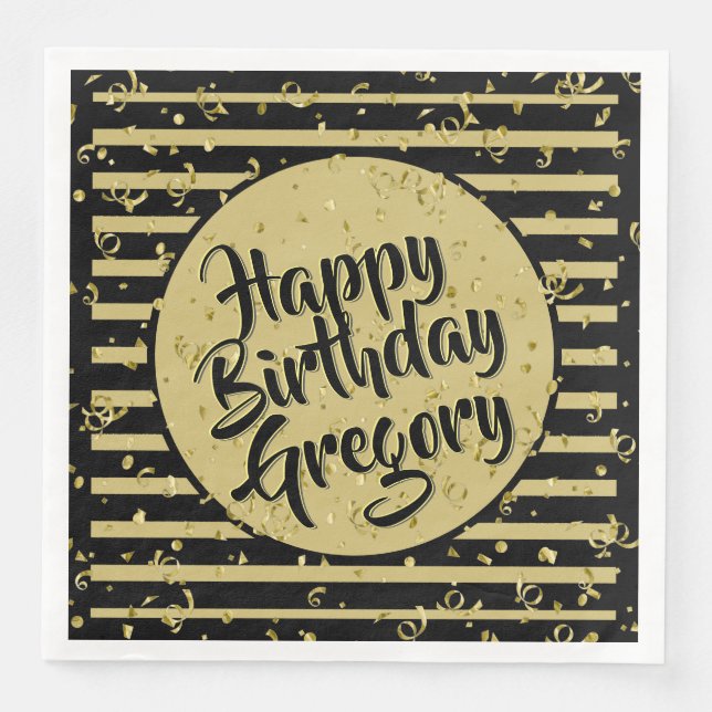 Name Happy Birthday Black/Gold Stripes Pattern Paper Dinner Napkins (Front)