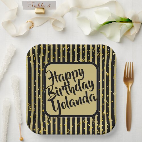 Name Happy Birthday BlackGold Stripes Pattern Paper Plates