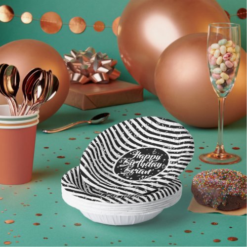 Name  Happy Birthday Black Simple Stripes Pattern Paper Bowls