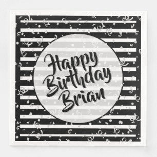 Name Happy Birthday Black/White Stripes Pattern Paper Dinner Napkins
