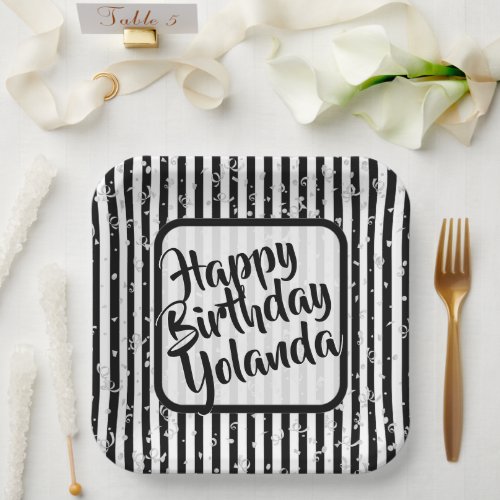 Name Happy Birthday Black White Stripes Pattern Paper Plates