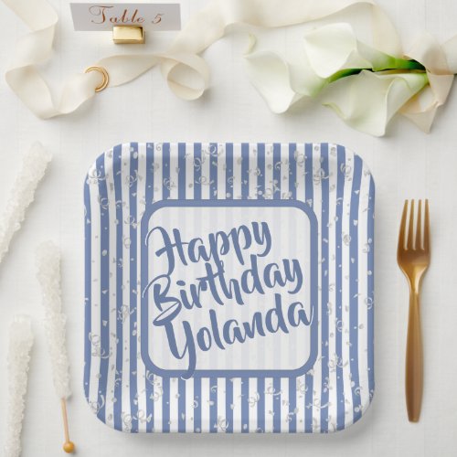 Name Happy Birthday Blue Simple Stripes Pattern Paper Plates