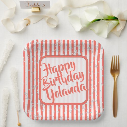 Name Happy Birthday Coral Simple Stripes Pattern Paper Plates