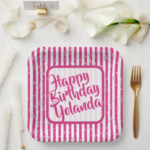 Name Happy Birthday Fuchsia Simple Stripes Pattern Paper Plates