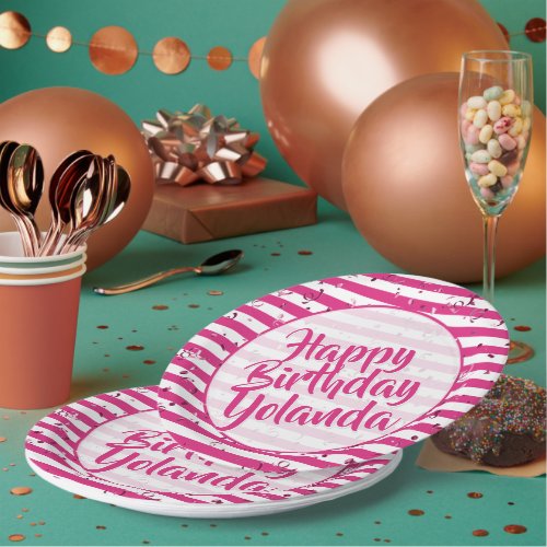 Name Happy Birthday Fuchsia Simple Stripes Pattern Paper Plates