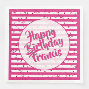 Name Happy Birthday Fuchsia/White Stripes Pattern Paper Dinner Napkins