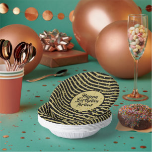 Name   Happy Birthday Gold/Black Simple Stripes  Paper Bowls
