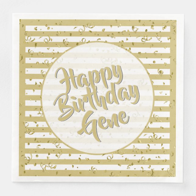 Name Happy Birthday Gold/White Stripes Pattern Paper Dinner Napkins (Front)