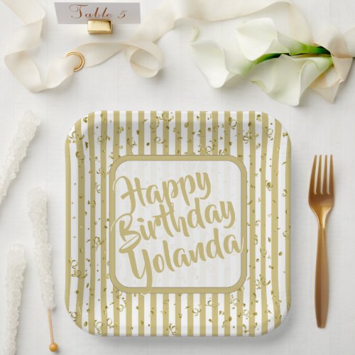 Name Happy Birthday Gold White Stripes Pattern Paper Plates