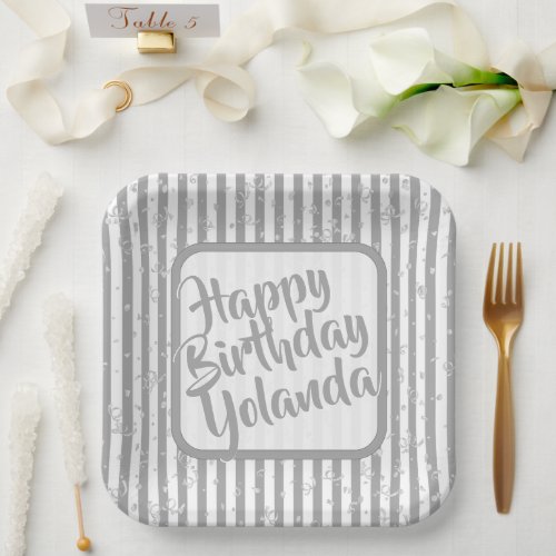 Name Happy Birthday Gray Simple Stripes Pattern Paper Plates