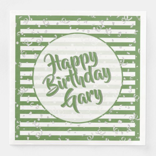 Name Happy Birthday Green Simple Stripes Pattern Paper Dinner Napkins