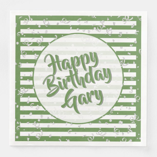 Name Happy Birthday Green Simple Stripes Pattern Paper Dinner Napkins (Front)