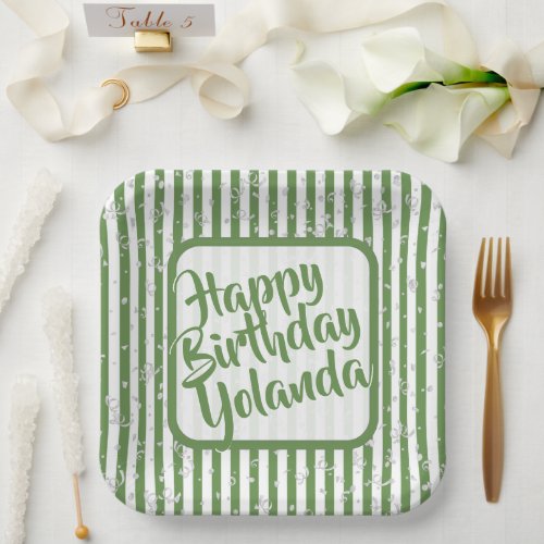 Name Happy Birthday Green Simple Stripes Pattern Paper Plates