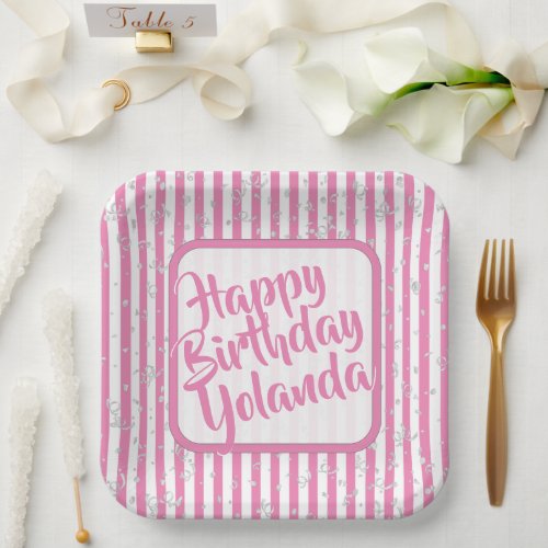 Name Happy Birthday Pink Simple Stripes Pattern Paper Plates