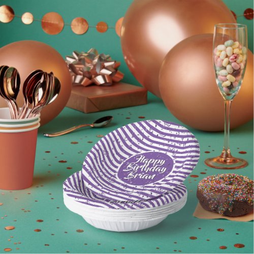 Name  Happy Birthday Purple Simple Stripes  Paper Bowls