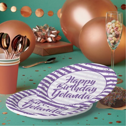 Name Happy Birthday Purple Simple Stripes Pattern Paper Plates