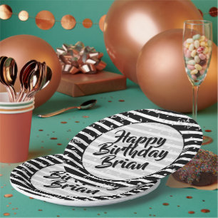 Name Happy Birthday Simple Stripes Pattern Black Paper Plates