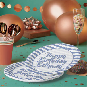 Name Happy Birthday Simple Stripes Pattern Blue Paper Plates