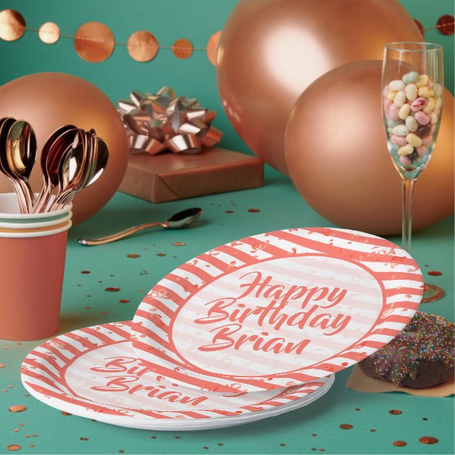 Name | Happy Birthday Simple Stripes Pattern Coral Paper Plates (Multi)