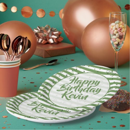 Name  Happy Birthday Simple Stripes Pattern Green Paper Plates