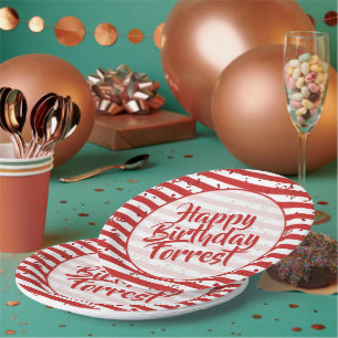 Name Happy Birthday Simple Stripes Pattern Red Paper Plates