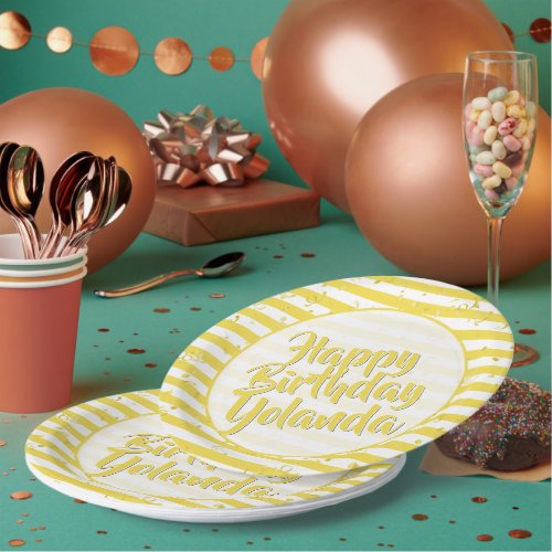 Name Happy Birthday Simple Stripes Pattern Yellow Paper Plates