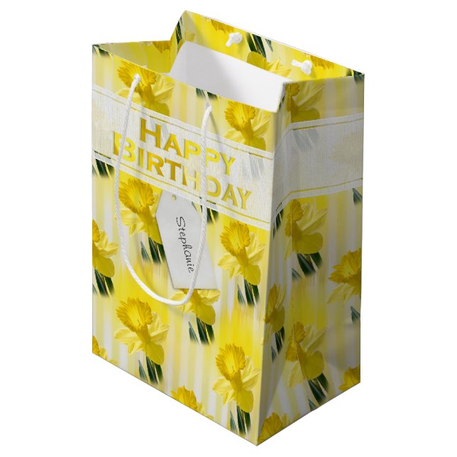 Name "Happy Birthday" Yellow Daffodils Photography Medium Gift Bag (Front Angled)