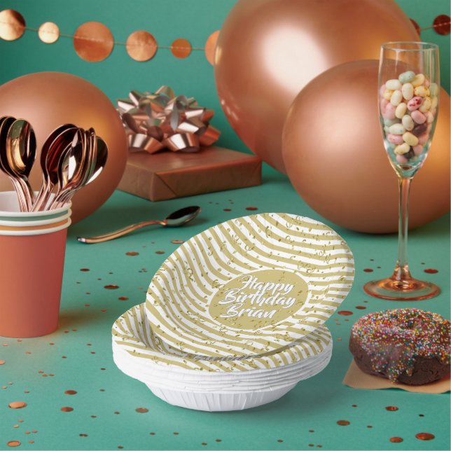 Name Happy Birthday Yellow Simple Stripes Pattern Paper Bowls (Multi)