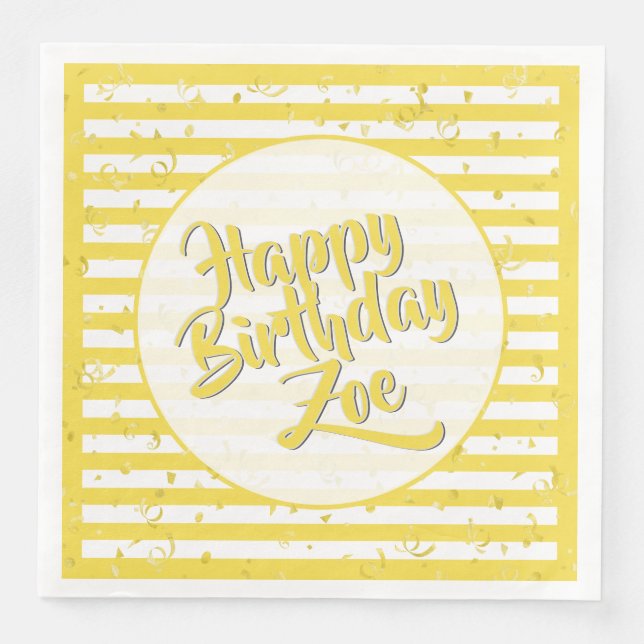 Name Happy Birthday Yellow Simple Stripes Pattern Paper Dinner Napkins (Front)